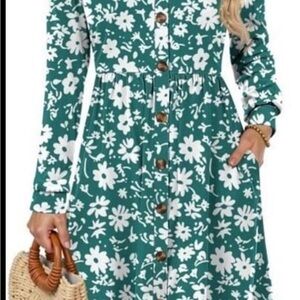 Women’s Floral Midi Dress, Long Sleeve V Neck with Pockets size Small